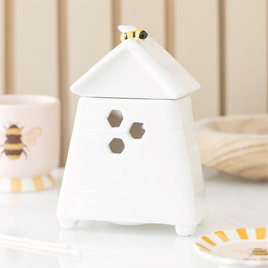 White Beehive Oil Burner with Bee