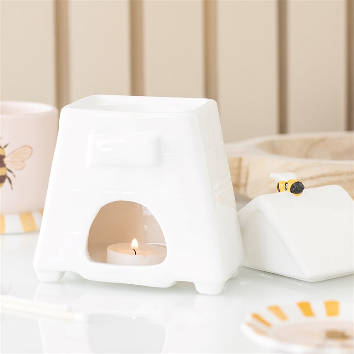 White Beehive Oil Burner with Bee